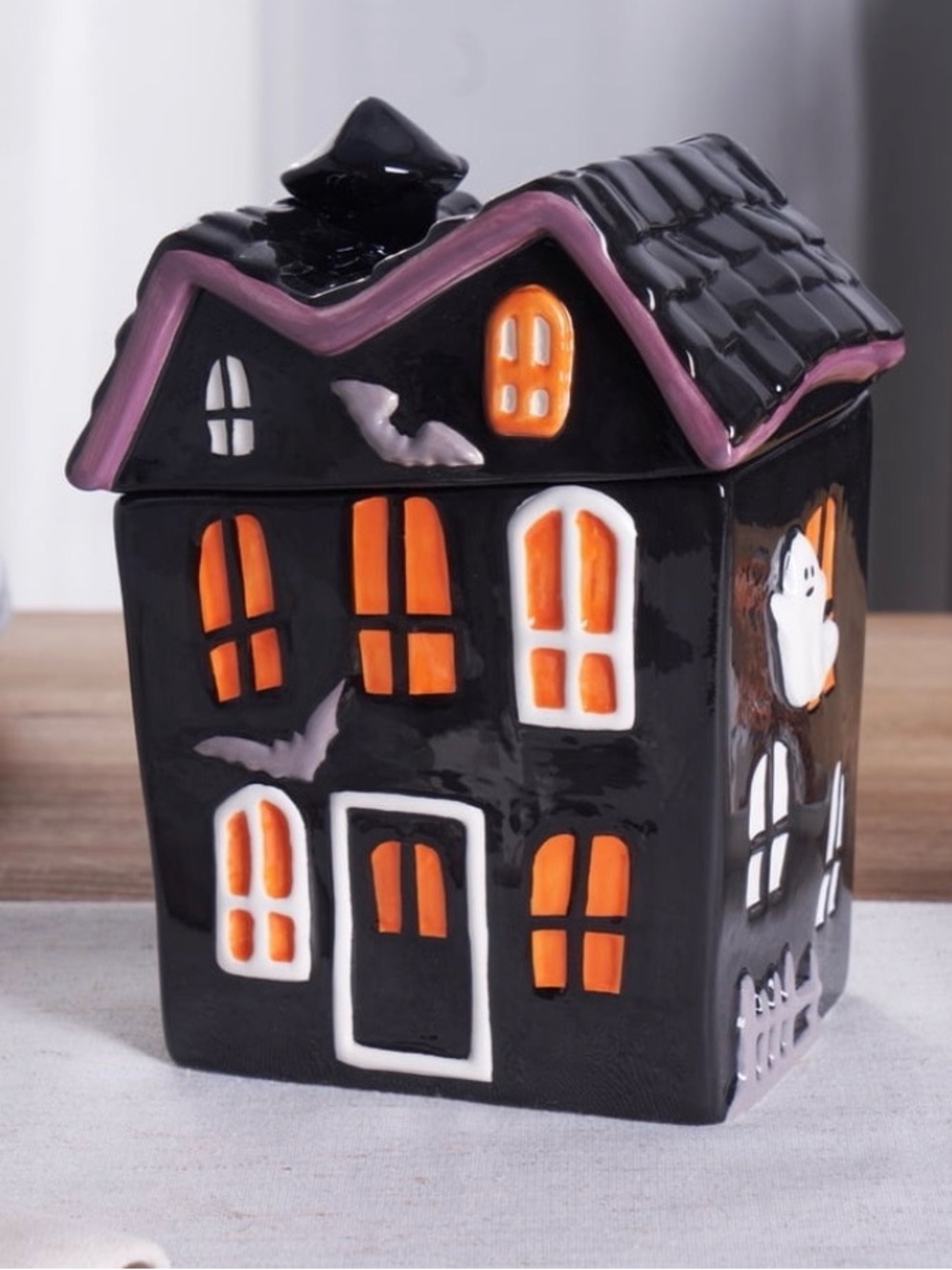 New in Box, Ceramic Halloween Haunted House Treat Jar by Celebrate
